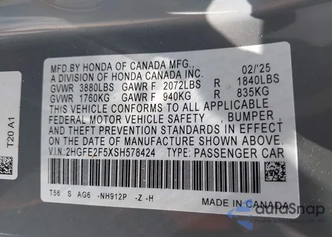 2025 Honda Civic Sport from USA, damaged, VIN 2HGFE2F5XSH578424